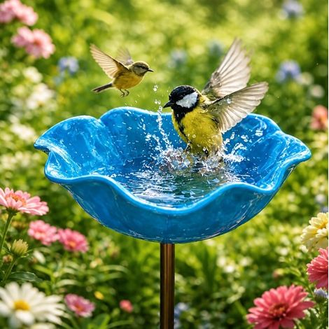 Metal flower-shaped bird bath tub, hand-woven garden sparrow pattern, hardy bird bath tub and insect feeder, garden/patio bee bath tub (blue) - 1 pieceExceptional Quality (1/5)