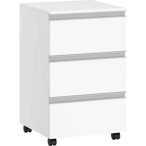 Caisson de Bureau avec 3 tiroirs, Meuble de Bureau, Casier sur roulettes, Armoire à tiroirs pour télétravail, Blanc