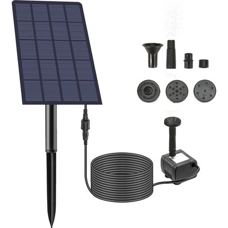 Solarbrunnenpumpe [5V/2,5W Solarpumpen-Set mit 6 Düsen] für Garten/Teich/Brunnen [200L/h, ABS, IP65, schwarz, max. 150cm]