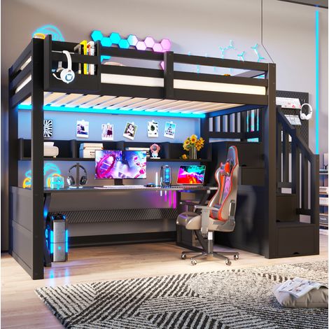 Kinder-Hochbett 90 x 200 cm mit Stauraum, LED und Stauraumtreppe, schwarz HAVRYA (1/5)