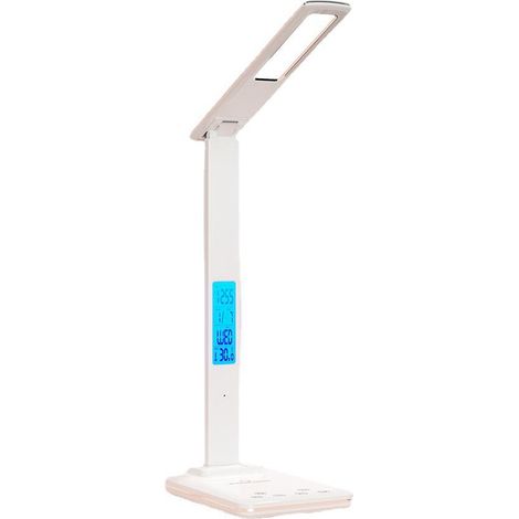Schreibtischlampe mit kabellosem Ladegerät, USB-Anschluss, dimmbarem Licht, Uhr, Wecker, Datumsanzeige, Temperaturanzeige, zusammenklappbar für Nachttisch oder Schreibtisch (Weiß)