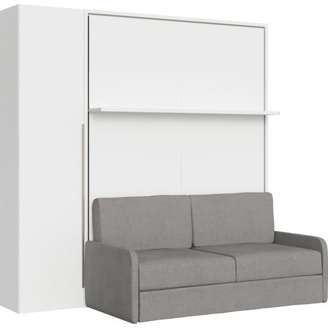 Versia Sofà 160 lit double escamotable vertical avec canapé, étagère et armoire 1 porte gauche Blanc