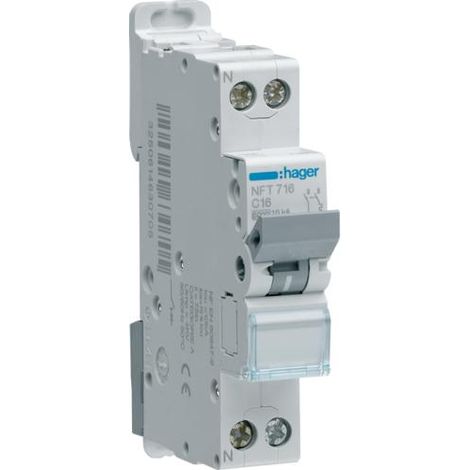 Hager – Disjoncteur unipolaire 16A – 1P+N – Courbe C – Pouvoir de coupure 10kA – Bornes décalées à vis – 1 module
