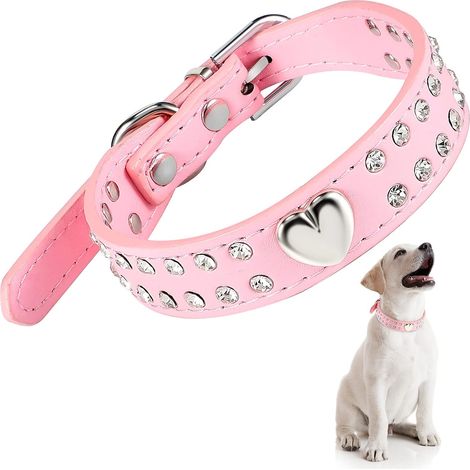 Collier de Chien en Cristal Ajustable Collier pour Animaux de Compagnie en Strass Bling Collier pour Chien en Cuir PU Clouté Cœur pour Chiens de Petite et Moyenne Taille, (rose) (1/5)