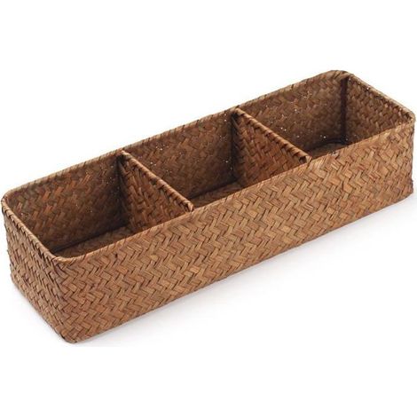 Boîte de rangement rectangulaire en algues tressées, à 3 compartiments, idéale pour ranger jouets, en-cas et papier toilette. (1/5)