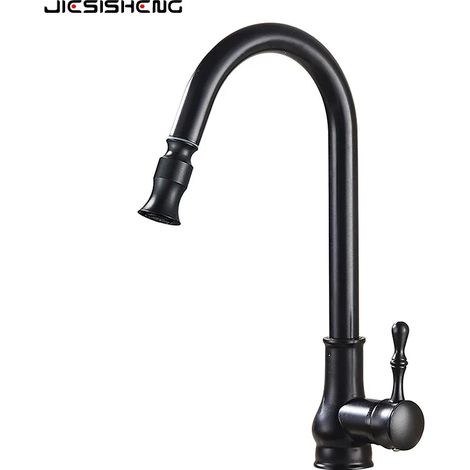 Robinet de cuisine en laiton antique à bec extractible, monotrou pivotant, noir, pour eau chaude et froide. (1/5)