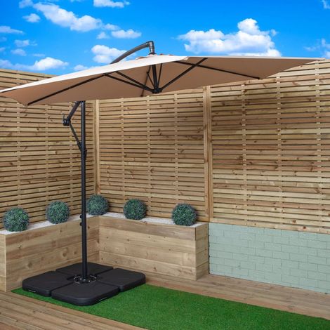 3m Cantilever Banana Garden Parasol in Beige with Crank Handle and Parasol Base Weights Included (1/5)