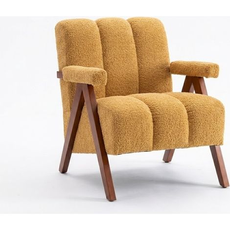 Fauteuil Akzentstuhl Gepolsterte Sitzfläche und Rückenlehne in Bouclé mit Massivholzrahmen Gelb