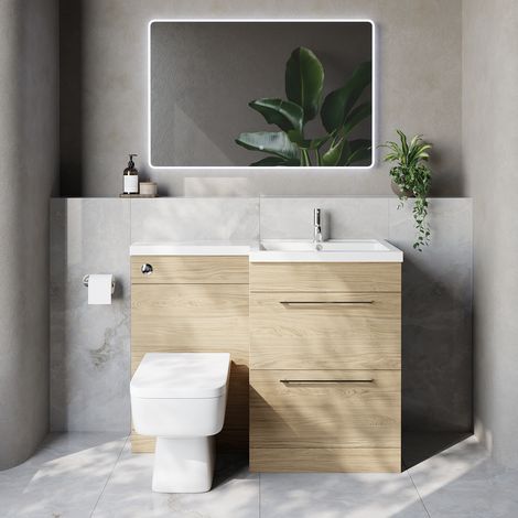 Napoli 460 Light Oak 1100mm 2 Drawer Vanity Unit Toilet Suite with Right Hand Square Lucia Basin - 1100mm - Chrome 320mm HandleWith Kingston Toilet Pan and Seat