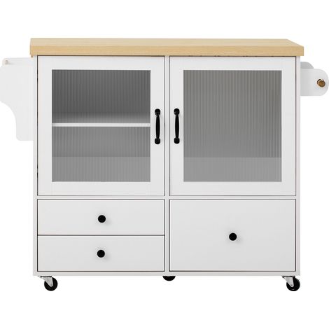 Isla de cocina con ruedas, mesa extensible, almacenamiento y portavasos, blanco (1/5)