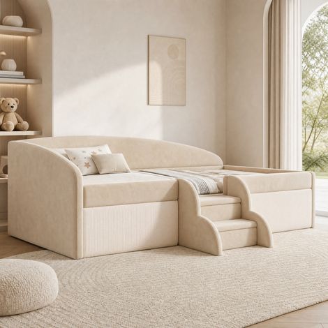 Cama infantil tapizada 90x190 cm con escalones y barandillas, terciopelo beige HAVRYA (1/5)