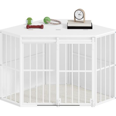 Gabbia per cani Corner Flip, Gabbia per Cani da Casa, Cuscino, Porta Scorrevole, Gabbie in Legno per Interni per Cani di Taglia Media Piccola, Bianco
