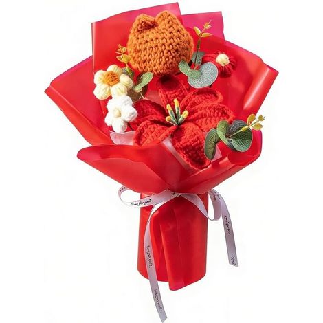 Bouquet de fleurs tricotées à la main, arrangement de lys et de tulipes artificielles pour la fête des mères, anniversaire, mariage, anniversaire de mariage, non nécessaire, 33 x 28 cm (1/5)
