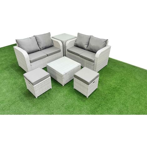 Fimous 6 Seater Outdoor Love Sofa Set Rattan Garden Furniture Set with Square Coffee Table 2 Small Stools Side Table Light Grey (1/4)