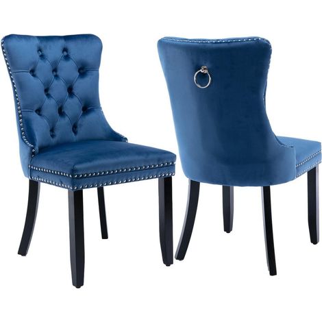 Esszimmerstühle 2er Set Samt Blau mit Nieten und Massivholzbeinen (1/5)