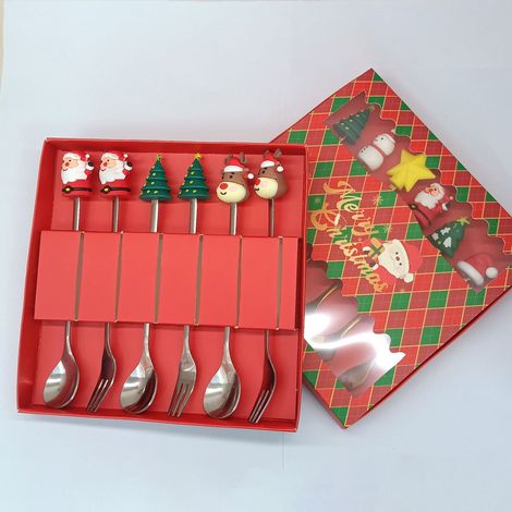 Coffret cadeau cuillère et fourchette en acier inoxydable avec figurines de Noël (figurines argentées, lot de 6, boîte rouge de Noël) (1/4)