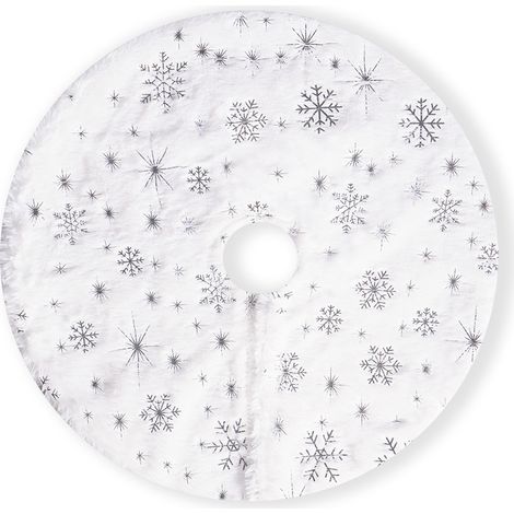 Jupe Pour Arbre De Noël - Fourrure Synthétique Blanche - 40 cm - Motifs Flocons De Neige À Paillettes Argentées - 1 Pièce (1/5)