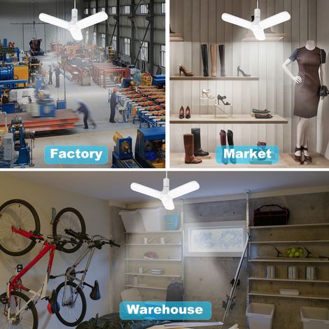 Plafonniers LED pour garage - Éclairage de garage à intensité variable, 6000 lm 6500 K E27/E26 avec 3 panneaux réglables pour garages, ateliers, intérieur, extérieur, entrepôt, surface complète (4 piè