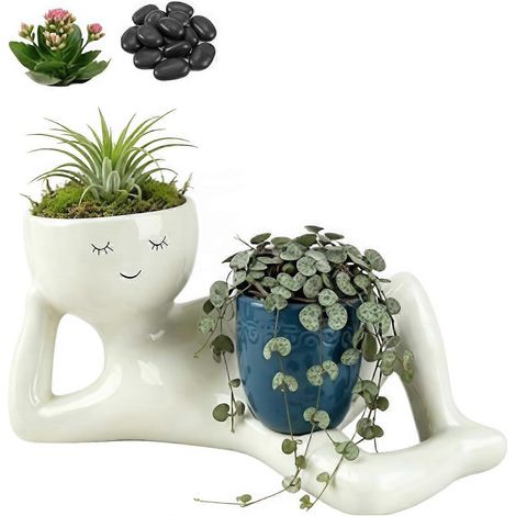 Pot de fleurs original "fainéant" en résine en forme de visage avec trou de drainage pour plantes grasses et cactus intérieur n°2 (1/5)