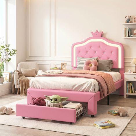 Lit enfant rembourré 90x200 cm avec tiroirs, Cadre de lit fille avec tête de lit réglable, Lit simple princesse avec sommier LED, PU, Rose (1/5)
