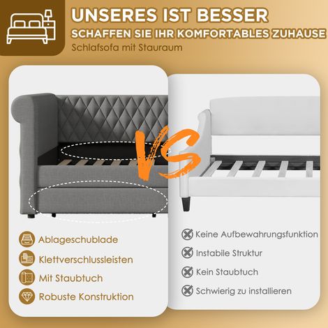 Lit vintage capitonné tête de lit, canapé convertible 90x200 cm, banquette-lit avec 2 tiroirs, lit enfant ou ado, sommier à lattes bois, lin gris (sans matelas) (1/5)