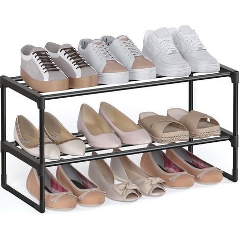 Two-tier shoe rack, metal frame, stackable organizer, upright or inverted, hallway (1/5)
