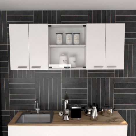 Tuhome Concept – Meuble de cuisine blanc avec 4 portes – Dimensions 150 x 31,5 x 60 cm – Panneaux d'aggloméré et mélamine – Pour rangement moderne (1/4)