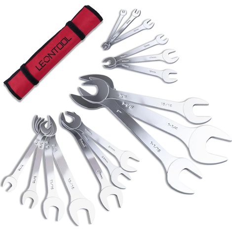 Lot de 16 clés plates à extrémité ouverte SAE et métriques 3/8" à 1-1/4" et 5,5 mm à 27 mm Jeu de clés plates en acier CR-V avec étui à roulettes (1/5)