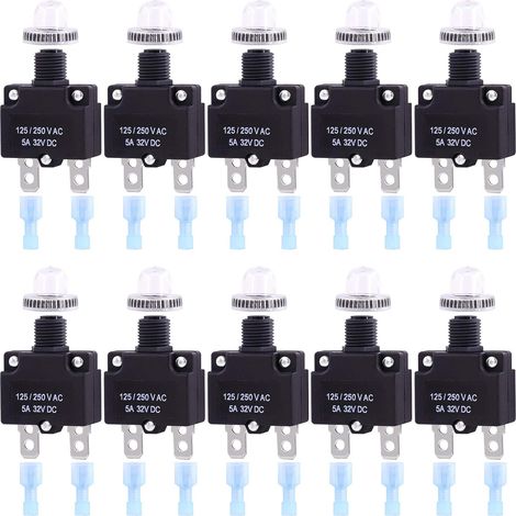 Disjoncteur thermique avec bornes à connexion rapide et capuchons de boutons étanches, disjoncteur à bouton-poussoir étanche 32 V DC 125/250 VAC 50/60 Hz pour fonctionnement de l'interrupteur (1/5)