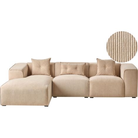 Divano Angolare Lato Sinistro Moderno in Velluto a Coste Beige con Cuscini Dolva