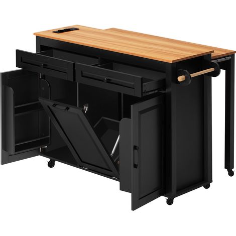 Isla de cocina móvil negra de MDF con encimera extensible y enchufe integrado (1/5)