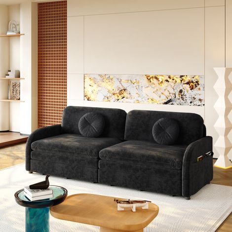 Divano letto 3 posti 206x84x90 cm in ciniglia nera estraibile FloraGrace (1/5)
