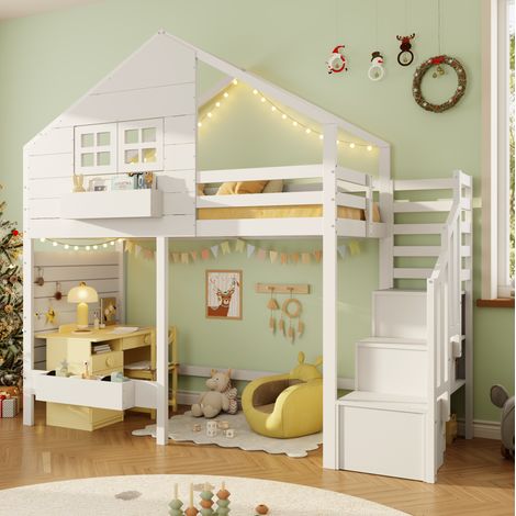 Lit superposé enfant 90x200 cm avec rangement, fenêtre, pin massif et MDF, blanc, OKWISH (1/5)