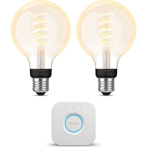 Philips Hue Kit de démarrage E27 avec 2 Ampoules Globe à filament Petit (G93) Lumière blanche chaude à froide - Comprend 1 Bridge - White Ambiance (1/5)