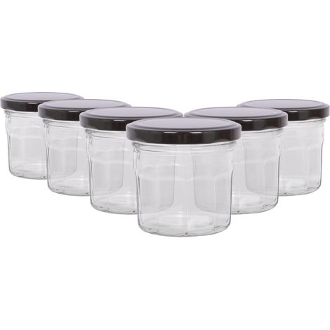 Lot de 6 pots de confiture en verre 150 ml avec couvercles noirs à pas de vis, forme octogonale (1/5)