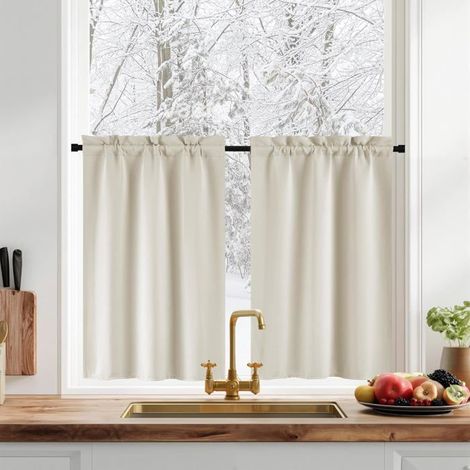 Ecleanfy - 2 rideaux cuisine 60x40cm beige clair. Occultation totale, passe-tringle intégré. Installation facile. (1/3)