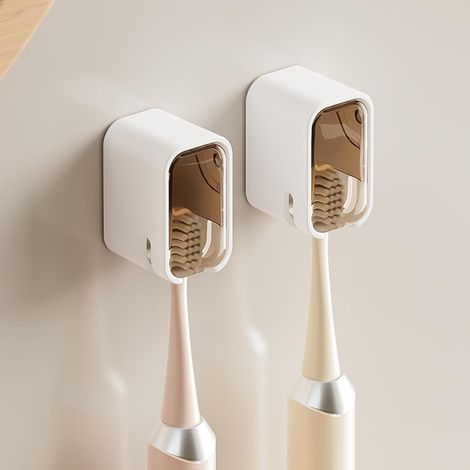 CCYKXA  Set of 2 Wall-Mounted Toothbrush Holders for Bathroom, Sturdy Stickers with Lids, Toothbrush Head Organizer for the Family, Brown