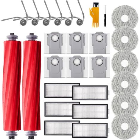 28 pièces d'Accessoires pour Roborock QV 35A / QV 35S / QR 798 / QR 598 Robot,2 Brosses Principales, 6 Serviettes, 6 Filtres, 6 Sacs de Poudre, 6 Brosses Latérales, 2 Ustensiles de nettoyage (1/5)