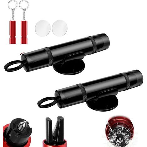 Marteau de secours 2-en-1 pour voiture – Brise-vitre – Lot de 2 – Avec 2 sifflets de sécurité – Verre test et support adhésif inclus – Noir (1/5)