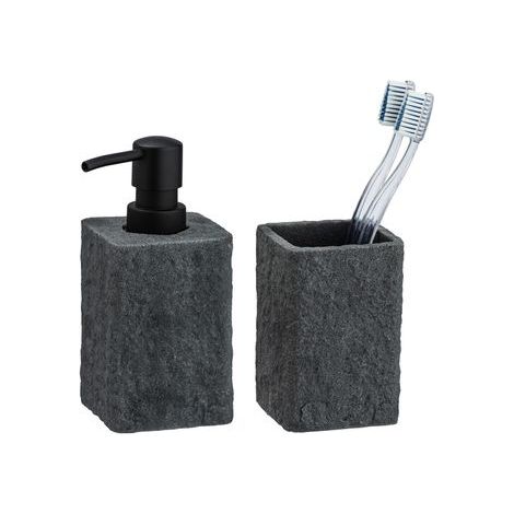 WENKO gobelet brosse à dent, distributeur savon liquide, Villata, gris - Accessoire de salle de bain à aspect pierre naturelle, Polyrésine, 7 x 15 x 7 cm, Anthracite (1/2)