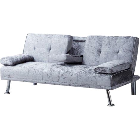 Crushed Velvet Italian Style Sofa Bed with Drink Cup Holder in Steel