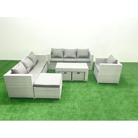 Fimous Wicker PE Rattan Sofa Garden Furniture Set with Oblong Coffee Table Armchair 3 Footstools Light Grey Mixed (1/5)