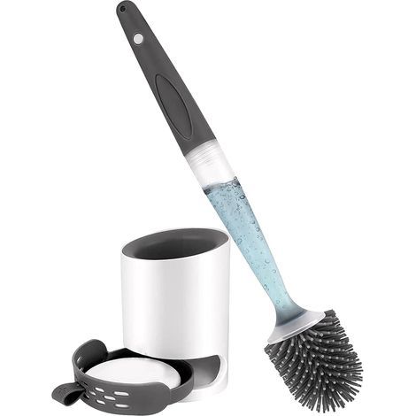 Brosse WC Silicone avec Distributeur de Savon, Montage Mural/Debout sans Perage Brosse de Nettoyage avec Support pour Salle de Bain (1/5)