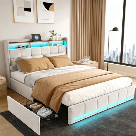 HYTKKBD - Lit Double 140x190 cm avec 4 Tiroirs,Lit Adulte avec Éclairage LED et Ports USB,Cadre de Lit avec Sommier à Lattes,Facile à Assembler,Tissu en Lin - Beige
