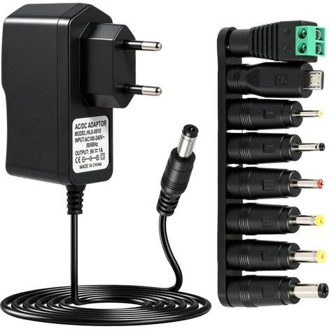15V 1A Chargeur Adaptateur, AC 230V 220V vers DC 15V 1000mA avec 5,5mm x 2,1mm avec 8 Connecteurs Alimentation Universel Adaptateur Secteur pour Caméra Tablette Scanner TV Box LED CCTV Disque