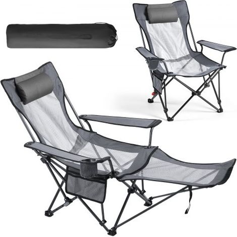 Campingstuhl faltbar, Liegestuhl mit 4 verstellbaren Positionen, Relaxsessel Liege mit Getränkehalter, Netz-Strandstuhl mit Kopfstütze & Fußstütze, trägt 100 kg, für Outdoor Camping, grau (1/5)