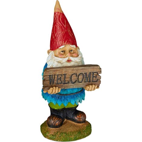 Relaxdays Gnomo da Giardino “Welcome”, Resistente, Poliresina, Ingresso & Aiuole, Design Classico, Folletto, Colorato