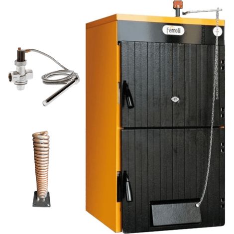 Ferroli – Chaudière bois 27 kW – Construction fonte G20 – Longueur bûches 40 cm – Régulation automatique de l'air – Idéale pour chauffage individuel