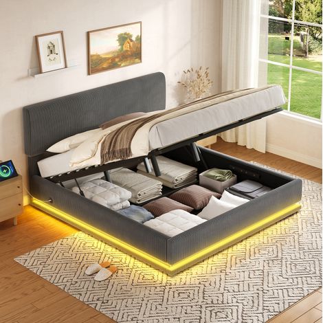 MEUBLIV Polsterbett 160x200 cm dunkelgrau – LED, USB-C, verstellbares Kopfteil (1/5)