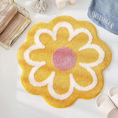 APEX Tapis de bain doux, absorbant, à motifs floraux et antidérapant, adapté aux salles de bain et aux douches (jaune, taille unique). (1/4)